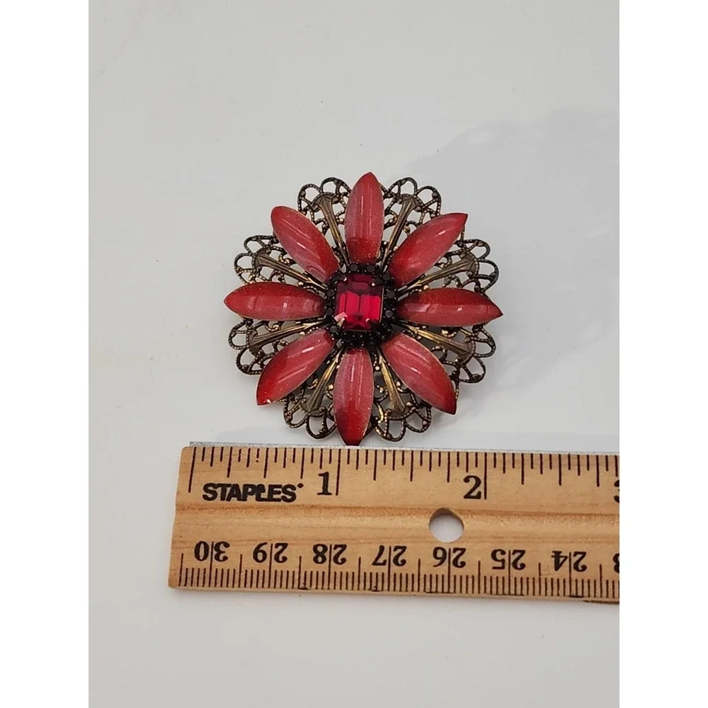 Vintage Signed‎ Liz Paiacios Red enamel rhinestone Flower Brooch Pin